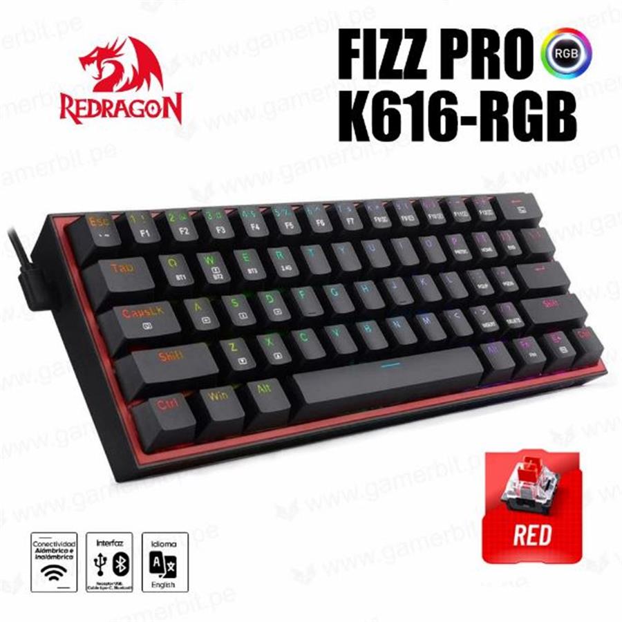 TECLADO REDRAGON FIZZ PRO BLACK RED SWITCH SPANISH WIRELESS K616-RGB B SP
